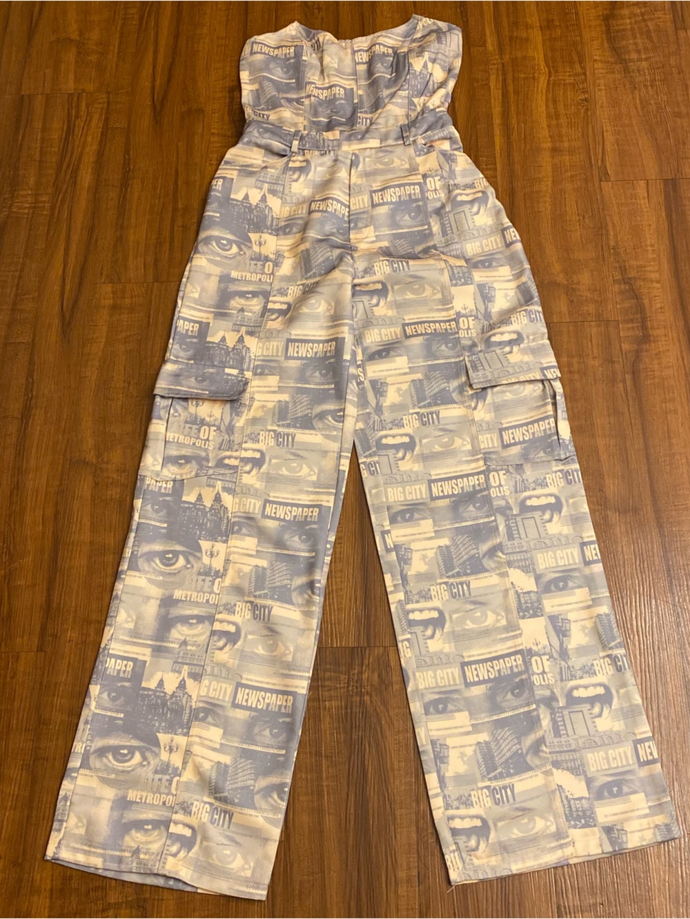 Ladies  Light Blue Newspaper Graphic Cargo Pants Jumpsuit